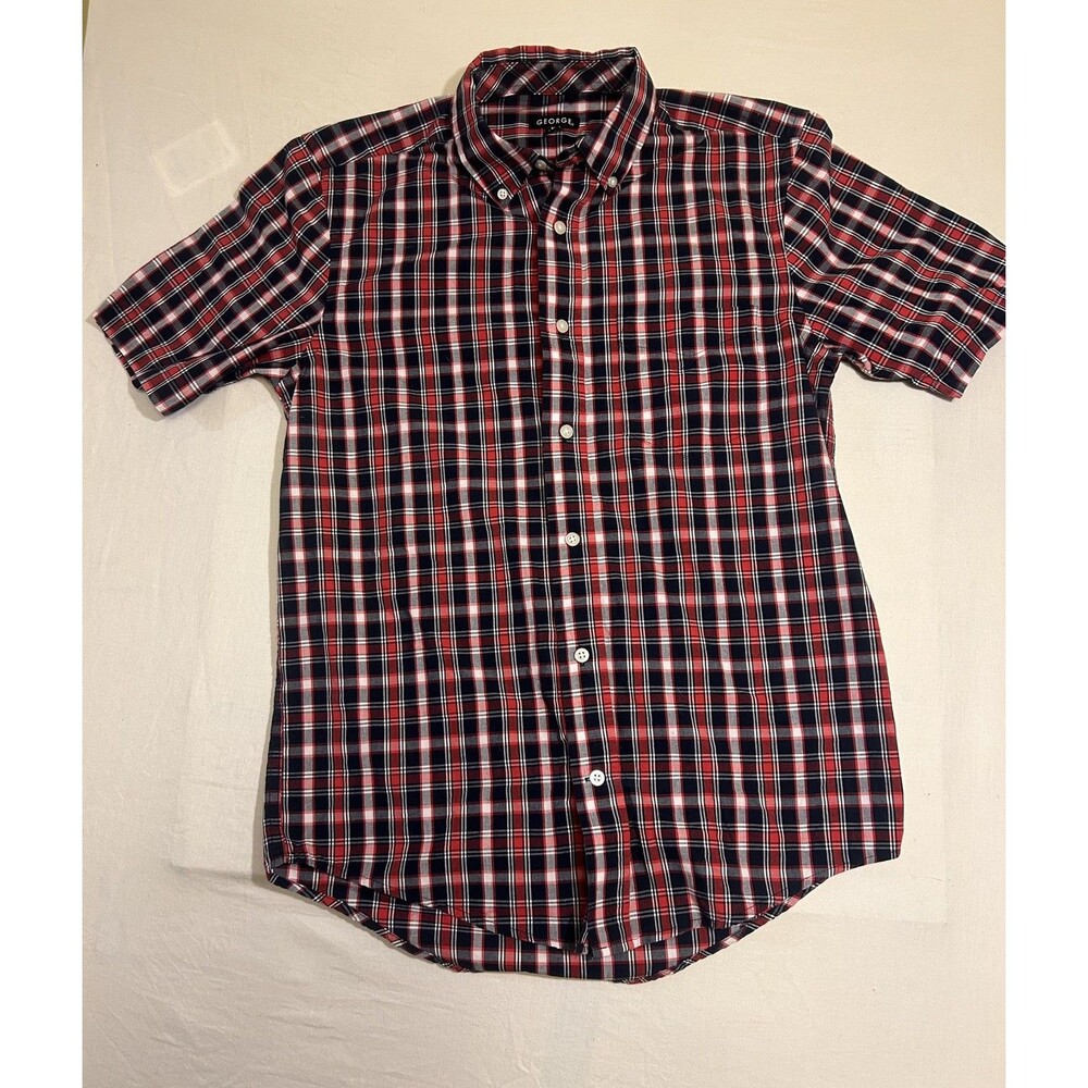 George Navy Blue Red Plaid Short Sleeve Button Down Mens Dress Shirt size S